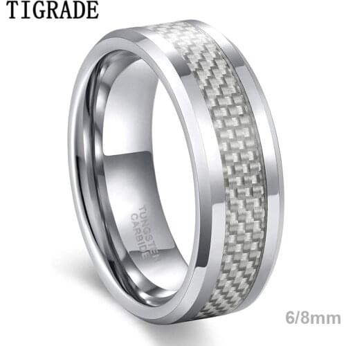 TIGRADE 6/8mm Carbon Fiber Inlay Tungsten Carbide Wedding Band Men Ring Polished Edges Engagement Rings For Women bague homme