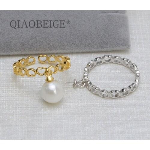 QIAOBEIGE hollow out Diy 925 Heart shaped Wedding Ring pearl mounted accessory for Woman Dropshipp Silver Ring For Girls Jewelry