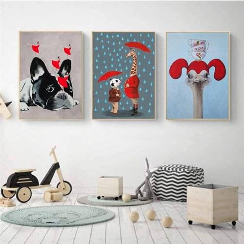 Bulldog Panda Giraffe Ostrich and Bowl Art Prints Unique Adorable Décor Red Dress Dancer Canvas Wall Art Décor Baby Shower Gifts