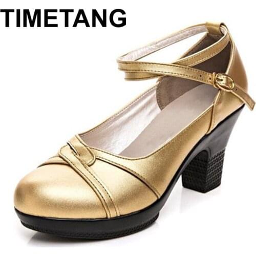 TIMETANGFashion Sheepskin Womens Genuine Leather Shoes with New Heels2019Ankle Platform Buckle Pumps Woman Prom Dance ShoeE1356
