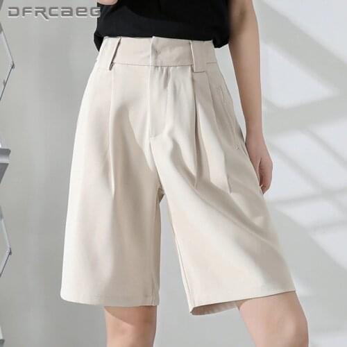 Black White Knee Length Summer Suit Shorts For Woman 2021 High Waist Casual Half Trousers Loose Capris Bermuda Femme