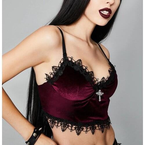 Gothic Dark Sexy Velvet Camisole Women Harajuku Lace Patchwork Strapless Crop Tank Top