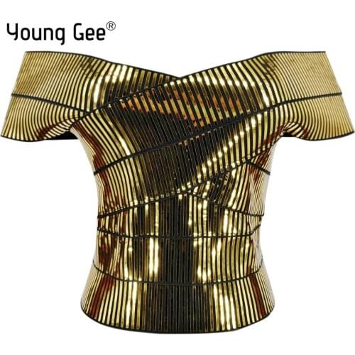 Young Gee Women Gold Silver Camis Wrapped Bustier Off the Shoulder Tank Crop Tops Sexy Summer Short Sleeve Club Cropped Feminino