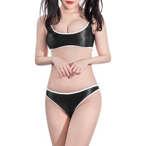 Women Sexy Lingerie Set Hot Erotic Costumes Shiny Underwear Nightwear O Ring Wide Shoulder Strap Cropped Crop Top Briefs Panties