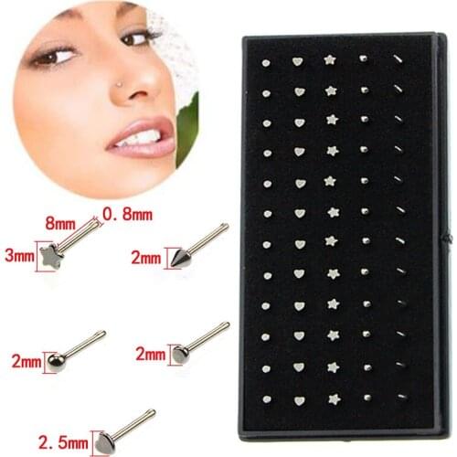 60pcs Stainless Steel Star/ Heart Shape Nose Ring Set Women Surgical Steel Nose Piercing Set ear bone needle Studs Body Jewelry