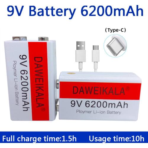 9V Battery 6200mAh li-ion Rechargeable battery Micro USB Battery 9v lithium for Multimeter Microphone Toy +USB charging cable