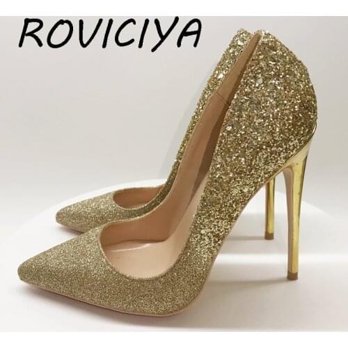 Gold Glitter Sparkling Women Pumps 12cm Thin High Heels Shoes Woman Pointy Toe Stiletto Sexy Women LF016 ROVICIYA