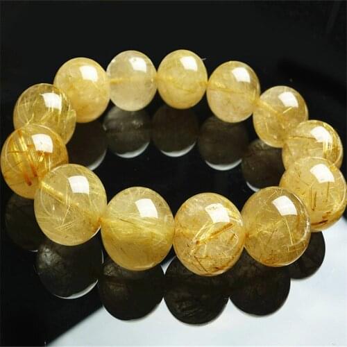 17mm Brazilian Genuine Natural Yellow Gold Neddle Titanium Rutilated Quartz Crystal Round Beads Women Mens Stretch Bracelet