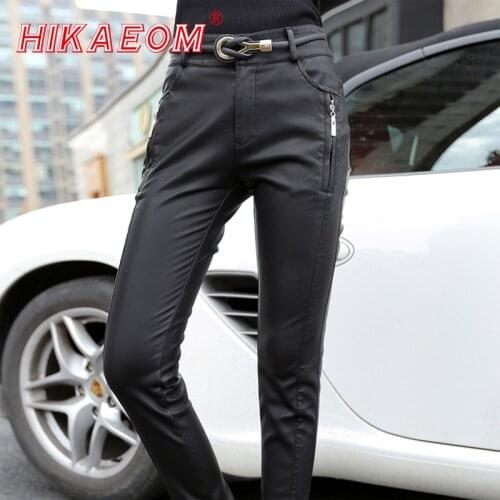 2020 Hot Sale Fashion Thick Women Pu Leather Motorcycle Pants High Waist Women Pencil Pants Skinny Trousers For Women (no belt)