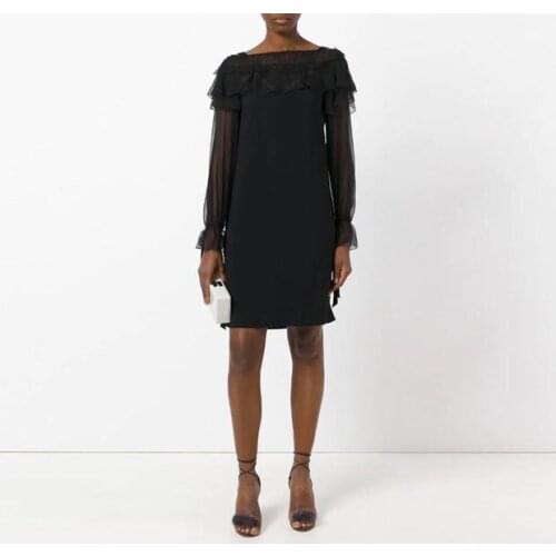 Black Lace Slash Neck Velvet Bow Dress