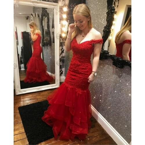 Elegant Long Lace Mermaid Off Shoulder Prom Dresses Custom Made Corset Back Burgundy Evening Gowns Party Dress for Women