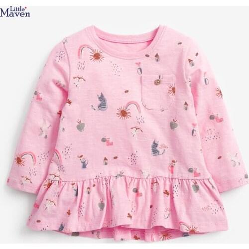 Little maven Girls T-shirt Autumn Cartoon Cute Cat Rainbow Pattern Casual Crew Neck for Long Sleeve Pink Stripe Clothes