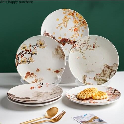 Chinese Style Flower Bird Ceramic Plate Round Dinner Plate Home Dishes Decorative Tableware Dessert Cake Pan Fruit Salad Bowl