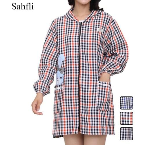 Modern Simplicity Cotton Cartoon Plaid Long-sleeved Hooded Zipper Color-blocking Overalls Adult Sleeved Apron with Sides Pockets