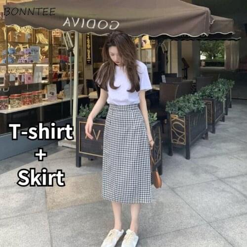 Sets Women Plaid Slim Casual Tender Ladies Elegant Female Classy Girl Fashion All-match Ulzzang Chic O-neck Straight Comfortable