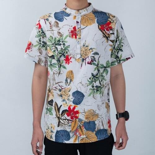 Summer Man Shirt Irregular Floral Printed Stand Collar Short Sleeve Loose Tops Casual Men Holiday Beach Top