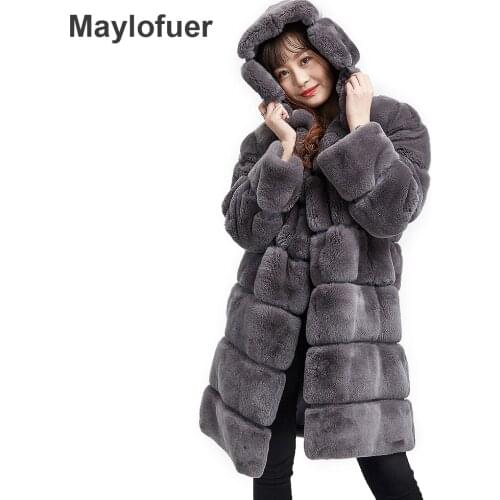 Maylofuer High Quality Full Pelt Real Rex Rabbit Fur Coat Women Fur for Winter with Cotton Warm Coats Genuine Fur Jackets Hooded