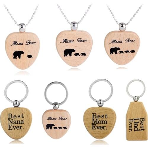 Cute Cubs Wooden Necklace Pendant Gift Mom Dad Baby Kids Children Family Key Chain Birthday Father Mother Present Fmaily