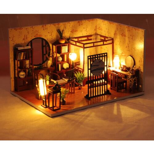 DIY Chinese Loft Miniature Cottage Wooden Doll House Kit with Furniture Casa Dollhouse Toys for Children Adults Xmas Gifts