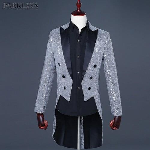 Mens Sliver Sequin Glitter Blazer Jacket Men Nightclub Dinner Party Wedding Tailcoat Suit Men Gorgeous Punk Prom Costume Homme