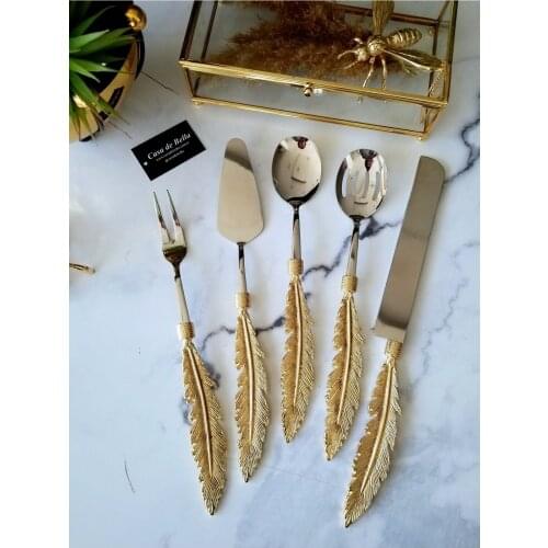 5 piece Feather Patterned Gold Handle Service Set