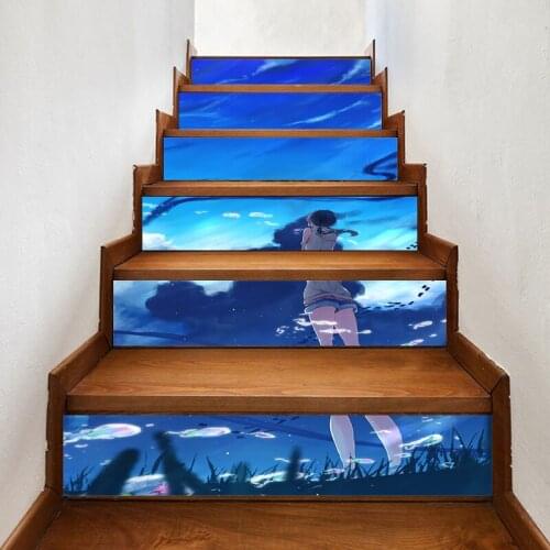 Stair Sticker Picture Paper Blue Sky Girl Anime Self Adhesive Decal PVC Waterproof 3D Print Art Home Decor DIY for Living Room