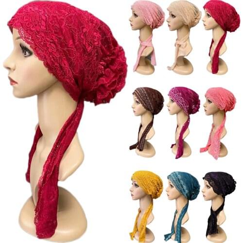 New Lace Underscarf Women Muslim Hijab Inner Scarf Islamic Head Scarf Wrap Beanie Bonnet Bone Tube Ninja Cap Hat Hair Loss Cover