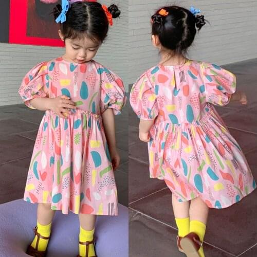Girl Sweet Dress Puff Sleeve Fashion Toddler Girl Dress Flower Carino Vestito Dresses Baby Girl Summer Clothing 2-7years