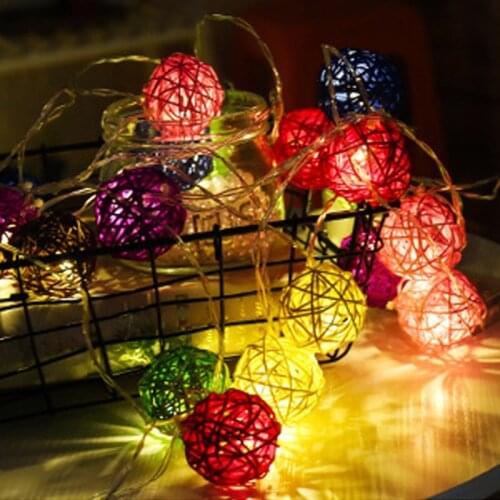 Rattan Cotton Ball String Lights Battery Colorful Garland Fairy Lights for Home Wedding Christmas Party Pink Outdoor Decors