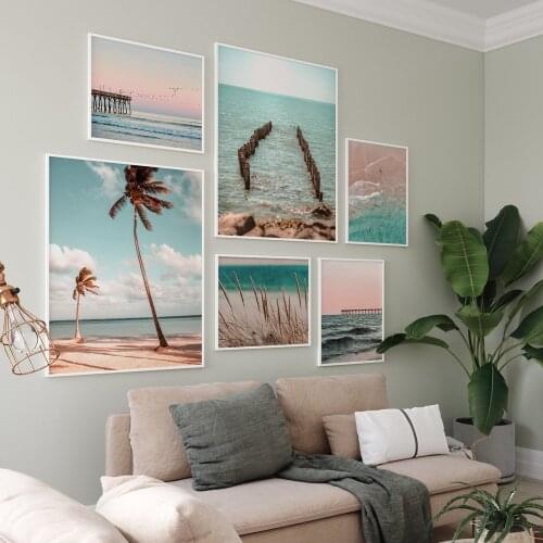 Modern Beach Landscape Posters and Prints Ocean Palm Tree Reed Canvas Painting Wall Art Decor Pastel Pictures for Bedroom