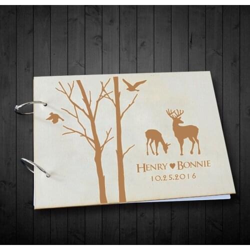 Custom Wedding Tree Love Birds and Elk Engagement Signature Book Rustic Wood Wedding Guest Book Anniversary Gift Photo Album