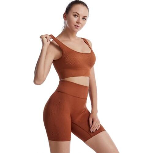 U Collar Women Seamless 2pcs Two Piece Yoga Set Top Bra Shorts Sportsuit Workout Outfit Run Sport Fitness Gym Wear