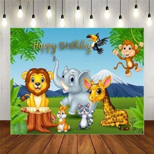 Photography Backdrop Props Cartoon Wild Animal In The Jungle Lion Monkey Vinyl Background For Kids Boy Birthday Party Decoration