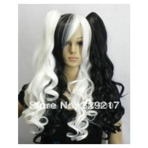 Zhaoxia++03576@Q8@* ++++>>Exquisite Fashion Split Type Wig Long Wavy Black + White Mix Cosplay Wig with Ponytails