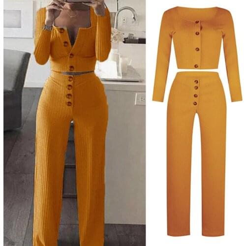 Women Ribbed Knit 2 Pieces Outfits Long Sleeve Sexy Square Neck Buttons Cardigan Crop Top Wide Leg Pants Solid Color Casual Suit