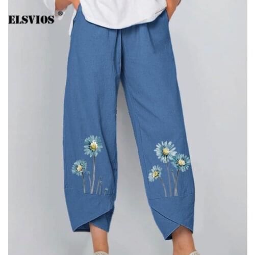 New Women Fall Summer Floral Print Cotton Linen Pant Casual Loose Elastic Waist Wide Leg Pant Irregular Streetwear Cropped Pants