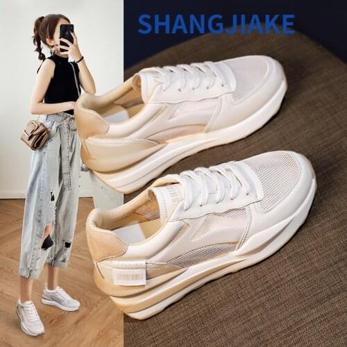 Womens Leather Casual Womens Shoes New Spring and Summer Thick-soled Inner Increase White Shoes Casual Breathable Mesh Sneakers