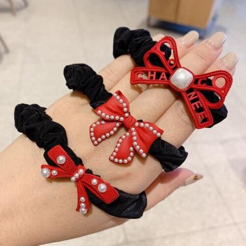 Lovely Red Bow Hair Ties Women Elastic Hair Bands New Korean Bow-knot Pearl Rubber Bands Hair Accessories Headdress Wholesale