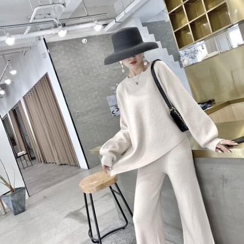 2021 Fall Womens Irregular Collar Side Slit Loose Casual Knitted Pullover + High Waist Elastic Wide Leg Pants Two-piece Suit