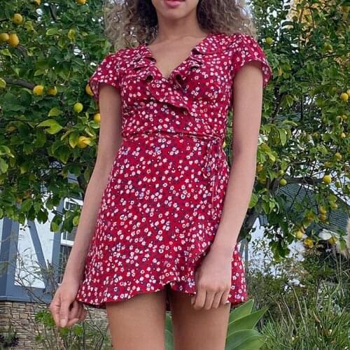 Retro Red French Pastoral Style Ruffles V-Neck Mini Floral Dress Women Short Dresses 2021 Summer New Young Lady Vintage Dress