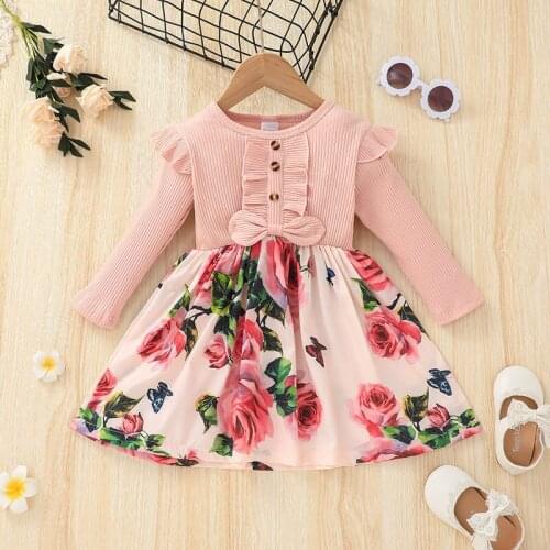2021 Kids Dresses for Girls Autumn Long Sleeve Princess Dress Children Cotton Clothes 1-6 Years Baby Girl Bow Dress