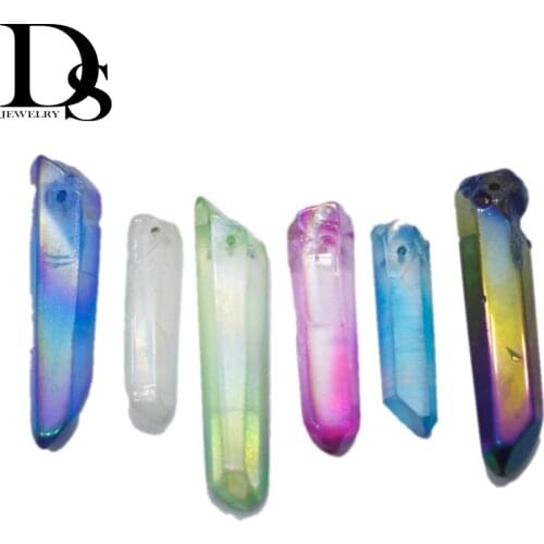 5pcs Drilling Aura Angel Titanium Quartz Crystal Wand Points Natural Raw Crystal Rough Hexagonal Prism DIY Jewelry Pendant Charm