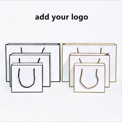 50pcs Custom Logo Business Bag White Paper Gift Bags With Handle Large Size Gold Present Bag For Pajamas Clothes Packaging