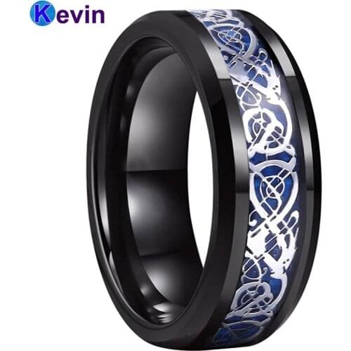 Black Wedding Rings For Women Men Tungsten Inlay Ring With Blue Carbon Fiber And Dragon Inlay 8MM Comfort Fit