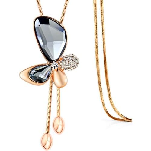 CN00019 Fashion Butterfly Sweater Chain Simulated Crystal Zircon Long Pendant Necklace Female Tassel Necklace