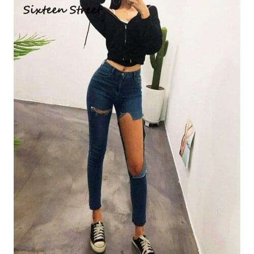 Womens High Waist Jeans Korean New Female Sexy Large Holes Stretch Pencil Pants Aesthetic Ripped Jeans Slim Femme Vintage 2020