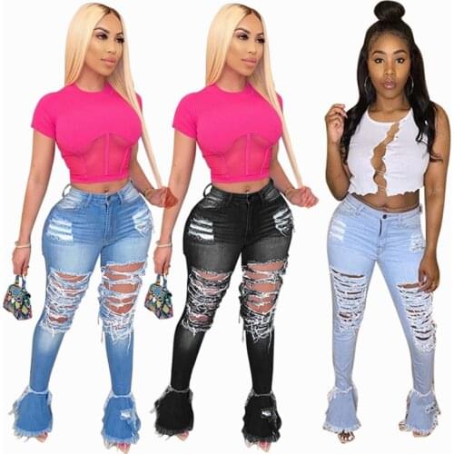 Hot Sale Classic Holes Fringed Ruffle Denim Trousers