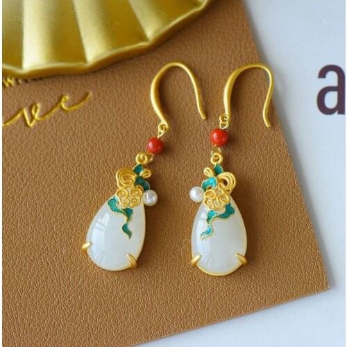 Natural Hetian Jade Water Drop Earrings Vintage Ethnic Style Chinese Style Han Costume Classical Sterling Silver Gilding Ruyi Ea