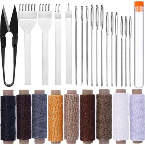 LMDZ Leather Craft Hand Stitching Tools Leather Hole Punches Lacing Stitching Punch Tool Leather Sewing Waxed Thread and Needle
