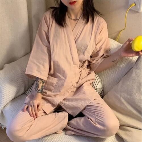 Japanese Style Pure Cotton Kimono Cardigan Breathable Men Samurai Costume Fashion Haori Vintage Couple Sleepwear Woman Bathrobe